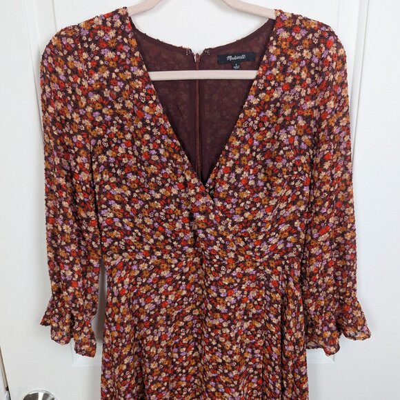 Madewell | Brown Multicolor Floral Faux Wrap Dress Size 0 - Picture 8 of 10